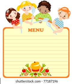 funny kids with spoons. menu. place for your text.