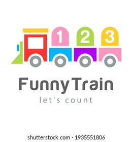 Funny Kids toy railway Train cartoon flat logo.Design Template icon kindergarten,sign playground,symbol kids club, zone,children amusement,carousel locomotive slot machine.Vector logotype kids center