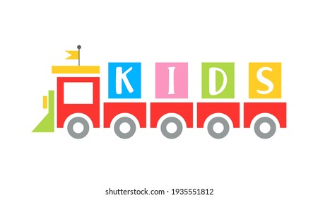 Funny Kids toy railway Train cartoon flat logo.Design Template icon kindergarten,sign playground,symbol kids club, zone,children amusement,carousel locomotive slot machine.Vector logotype kids center