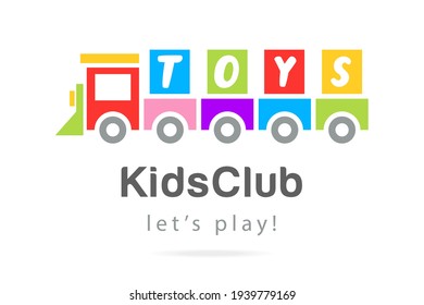 Funny Kids toy railway Train cartoon flat logo.Design Template icon kindergarten,sign playground,symbol kids club, zone,children amusement,carousel locomotive slot machine.Vector logotype kids center