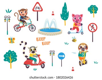 Funny kids transport set with animals and road signs. Bicycle, motorbike, scooter, self-balancing scooter cartoon vector illustration isolated on white background