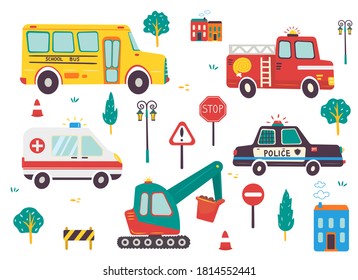 Un divertido transporte infantil con señales de tráfico. Autobús escolar, ambulancia, excavadora, motor de fuego, ilustración vectorial de caricatura de coches de policía aislada en fondo blanco