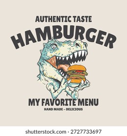 Diseño divertido del Vector de la camiseta de los niños que presenta un dinosaurio lindo que come una hamburguesa. Ilustración dibujada a mano con estilo lúdico, perfecta para ropa de niños, temas de comida, ropa de calle y divertidos gráficos de moda.