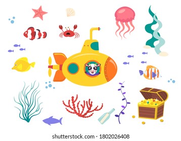 Funny kids underwater set. Submarine cartoon vector illustration isolated on white background