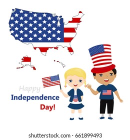 Funny kids in US national symbolism. Independence Day greeting card. Children logo.