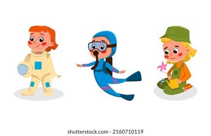 Funny kids of various professions set. Diver, astronaut, gardener cartoon vector illustration