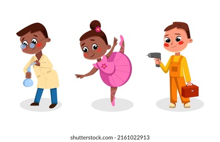 Niños divertidos de diversas profesiones. Científico, bailarina, dibujos animados de trabajadores de la construcción ilustraciones vectoriales