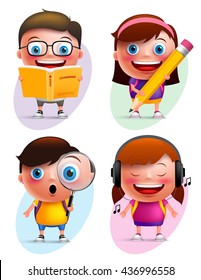 Funny kids vector characters colorful collection reading book, writing, exploring and listening music isolated in white background. Vector illustration
