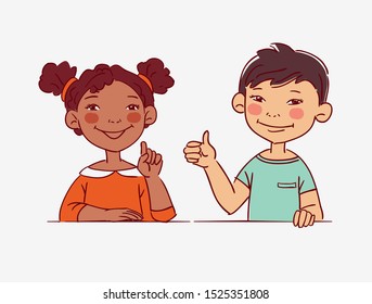 Funny kids. Vector cute boy and girl collection. Multi-ethnic couple of happy children. Different cartoon faces icons