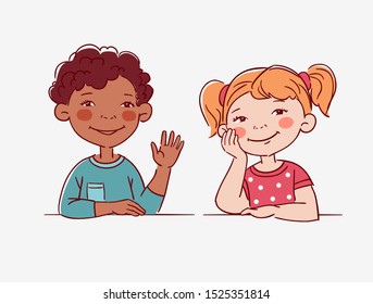Funny kids. Vector cute boy and girl collection. Multi-ethnic couple of happy children. Different cartoon faces icons