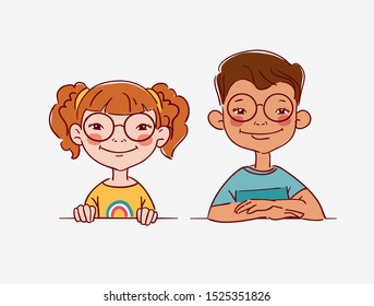 Funny kids. Vector cute boy and girl collection. Multi-ethnic couple of happy children. Different cartoon faces icons
