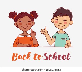 Funny kids. Vector cute boy and girl collection. Multi-ethnic couple of happy children. Different cartoon faces icons