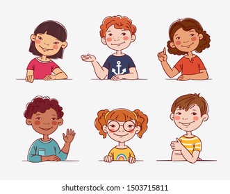 Funny kids. Vector cute boys and girls collection. Multi-ethnic group of happy children. Different cartoon faces icons