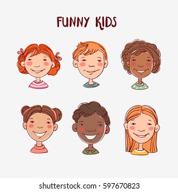 Funny kids. Vector cute boys and girls collection. Multi-ethnic group of happy children. Different cartoon faces icons