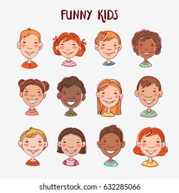 Funny kids. Vector cute boys and girls collection. Multi-ethnic group of happy children. Different cartoon faces icons