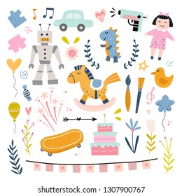 Funny kids vector set with toys, children elements and symbols. Cute party illustrations. Happy birthday cake and gifts collection on white background