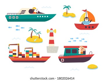 Funny kids water transport set with little animals. Boat, yacht, sailboat, motorboat, container ship and lighthouse cartoon vector illustration isolated on white background