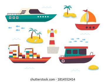 Funny kids water transport set. Boat, yacht, sailboat, motorboat, container ship and lighthouse cartoon vector illustration isolated on white background