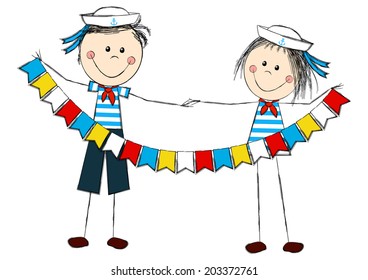 Funny kids wearing sailor costume