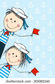 Funny kids wearing sailor costume