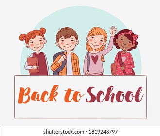 Funny kids with whiteboard. Cute, smiling boys and girls. Back to school vector concept