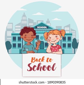 Funny kids with whiteboard. Cute, smiling boy and girl. Back to school vector concept