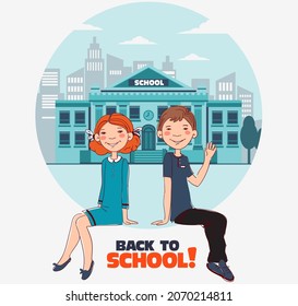 Funny kids with whiteboard. Cute, smiling boy and girl. Back to school vector concept