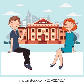 Funny kids with whiteboard. Cute, smiling boy and girl. Back to school vector concept
