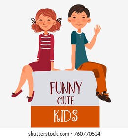 Funny kids with whiteboard. Cute, smiling boy and girl. Children becoming friends 