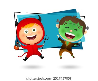 Funny kids in zombie and devil costumes having fun together. Halloween party concept. Vector illustration can be used for invitations, posters, banners