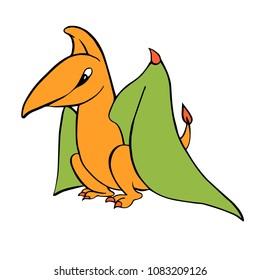 Funny kind children's cartoon dinosaur pterodactyl pteranadone hand-drawn vector character illustration. 