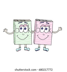 Funny and kind doodle books. Characters smile 
and embrace. Vector line art illustration.