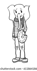 Funny kind drawing cute Elephant artist in a sweater and jeans, black in white background