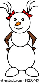 Funny and kind snowman with bows. Vector illustration on a white isolated background.