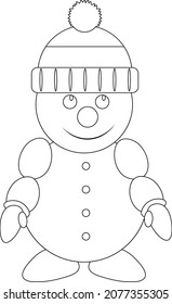 Funny and kind snowman in a fashionable hat. Vector illustration coloring book.