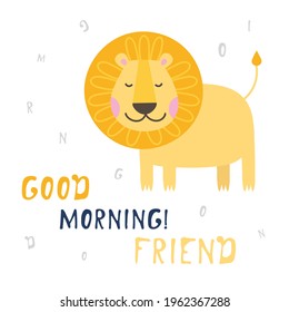 Funny king of beasts vector lion. Isolated on a white background. Graphic wild animal in cartoon style. Hand-drawn. Flat humor. Fabric, textiles, gifts, wallpaper. English text