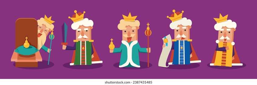 Funny King Character with Beard and Crown Engaged in Different Activity Vector Set