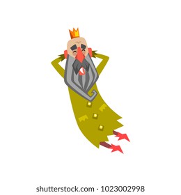 Funny king character in green mantle with closed eyes, king dreaming cartoon vector Illustration