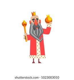Funny king character in red mantle holding orb and scepter cartoon vector Illustration
