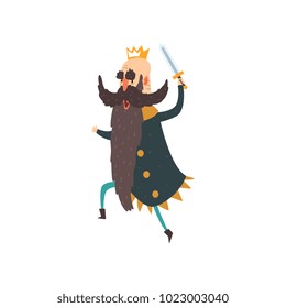 Funny king character running with sword cartoon vector Illustration
