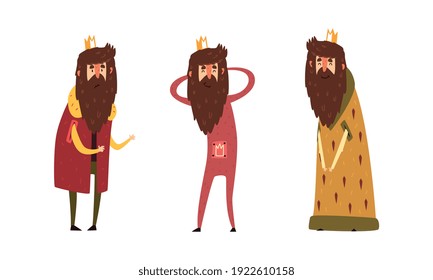 Funny King Character Set, Old Comic Bearded King Wearing Gold Crown and Mantel Cartoon Style Vector Illustration