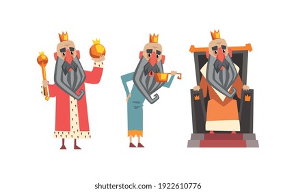 Funny King Character Set, Old Comic Bald Bearded King Wearing Gold Crown, Mantel in Various Actions Cartoon Style Vector Illustration