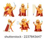 Funny king in different poses vector illustrations set. Medieval monarch character sitting on throne, playing lyre, holding document and staff on white background. Monarchy, royalty, fairytale concept