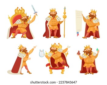 Funny king in different poses vector illustrations set  Medieval monarch character sitting throne  playing lyre  holding document   staff white background  Monarchy  royalty  fairytale concept