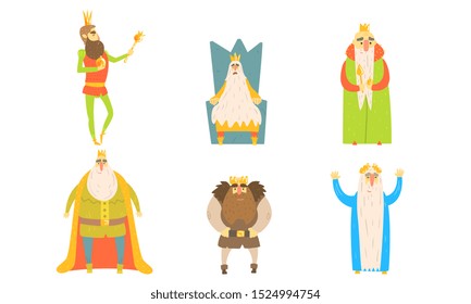 Funny King Posing in Different Situations Set Vector Illustration, Fairy Tale Cartoon Characters Vector Illustration