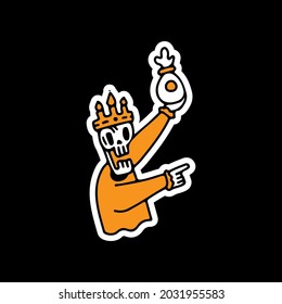 Funny king skull holding bag of gold illustration. Vector graphics for t-shirt prints and sticker.