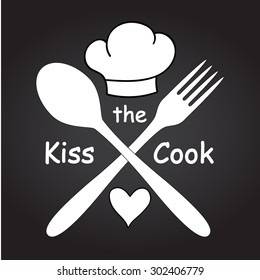 Funny kitchen art Wall decor Creative poster Positive thinking Inspirational quote Kiss the cook Crossed spoon and fork, chef hat and heart symbol on chalkboard background Great for poster, wall decal