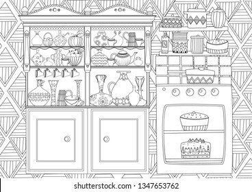 funny kitchen with cupboard and oven for your coloring book