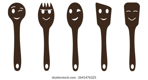 Funny kitchen utensils illustration with smiling and winking cartoon faces on wooden spatulas, spoons, and forks, perfect for cooking-themed designs, playful branding, or culinary decor concepts.