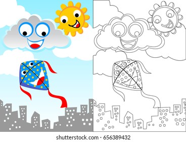 funny kite in the sky with sun and clouds, vector cartoon, coloring book or page